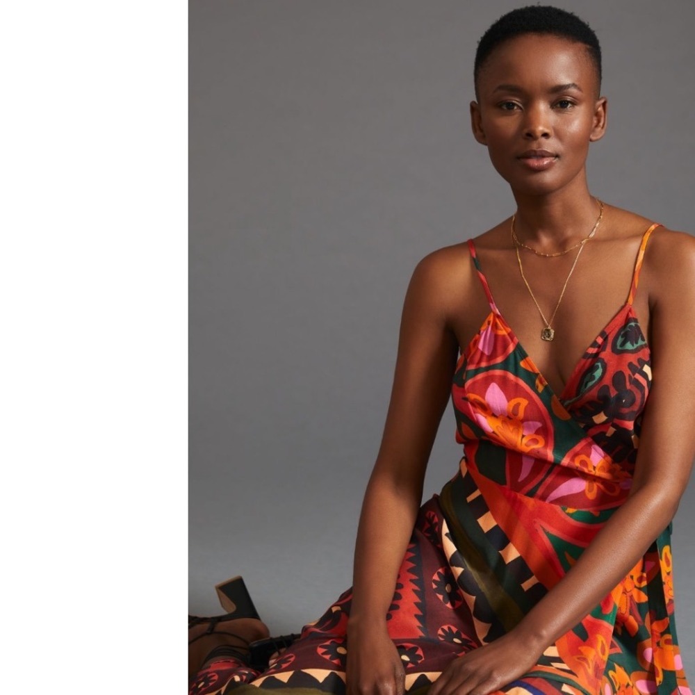 Farm for Anthropologie Colorful Print Wrap Dress Beaded Tie‎ Spaghetti Strap